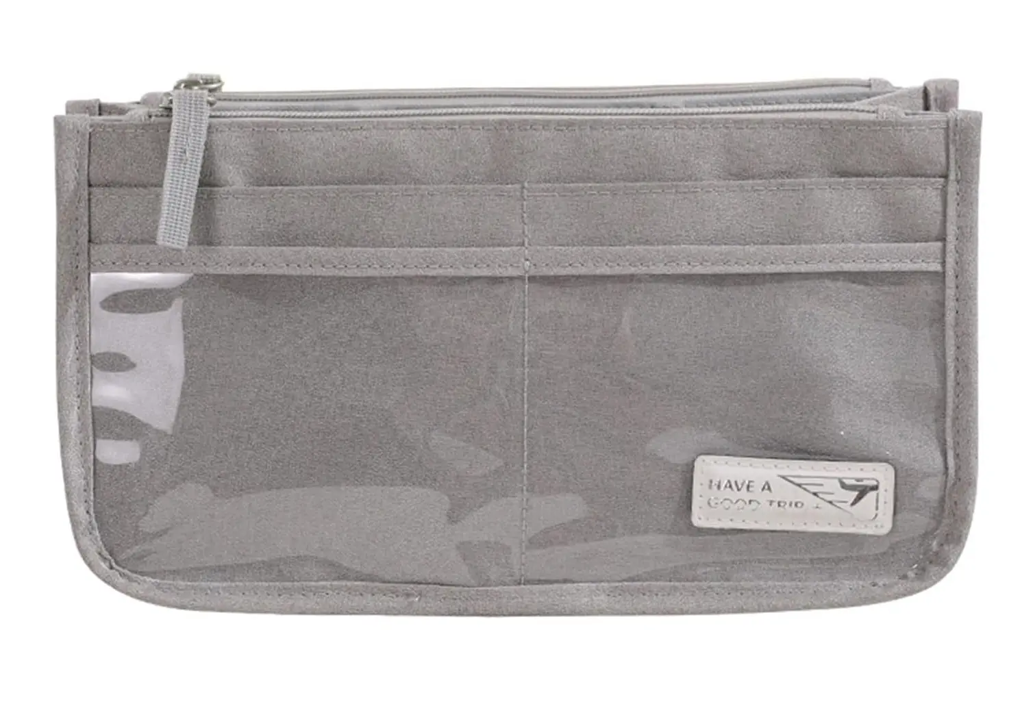 Bolso organizador Oasis gris con compartimentos transparentes y cierre.