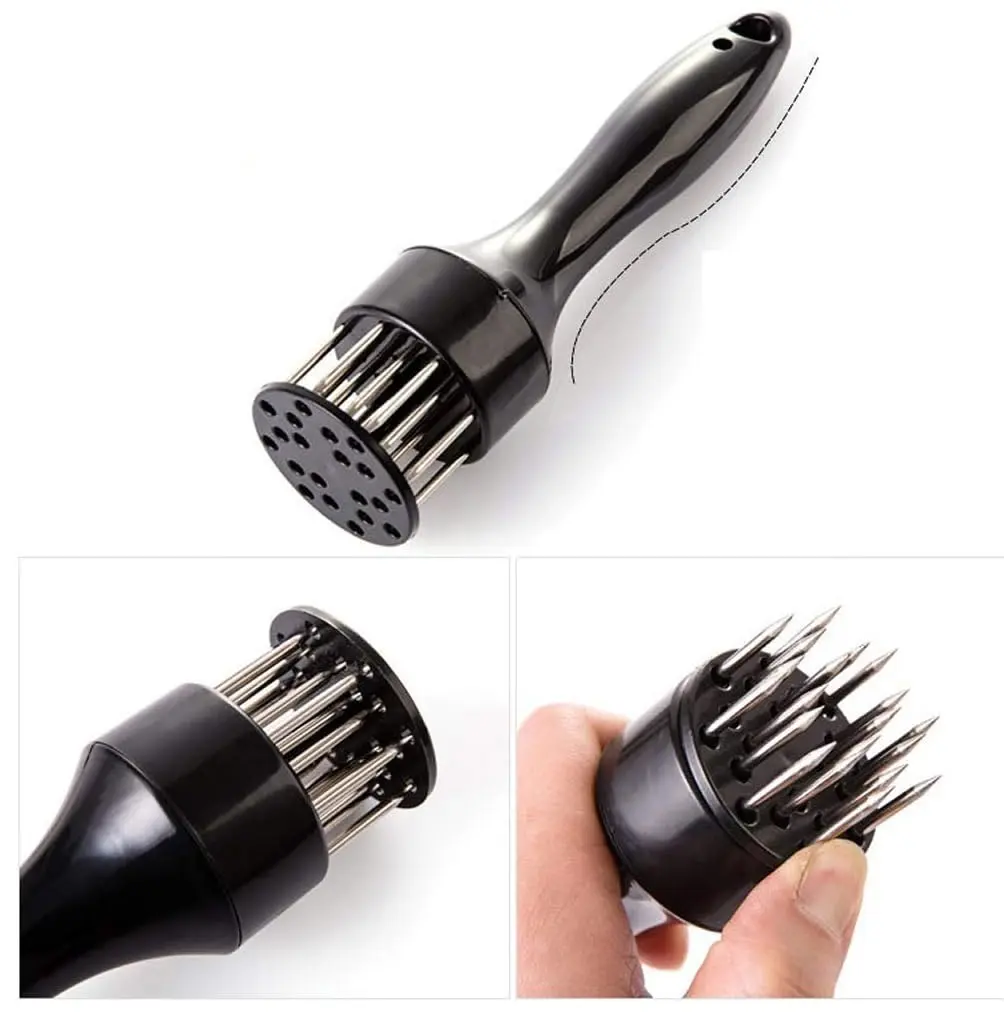 Ablandador de carne con múltiples cuchillas de acero inoxidable para marinar y tenderizar.