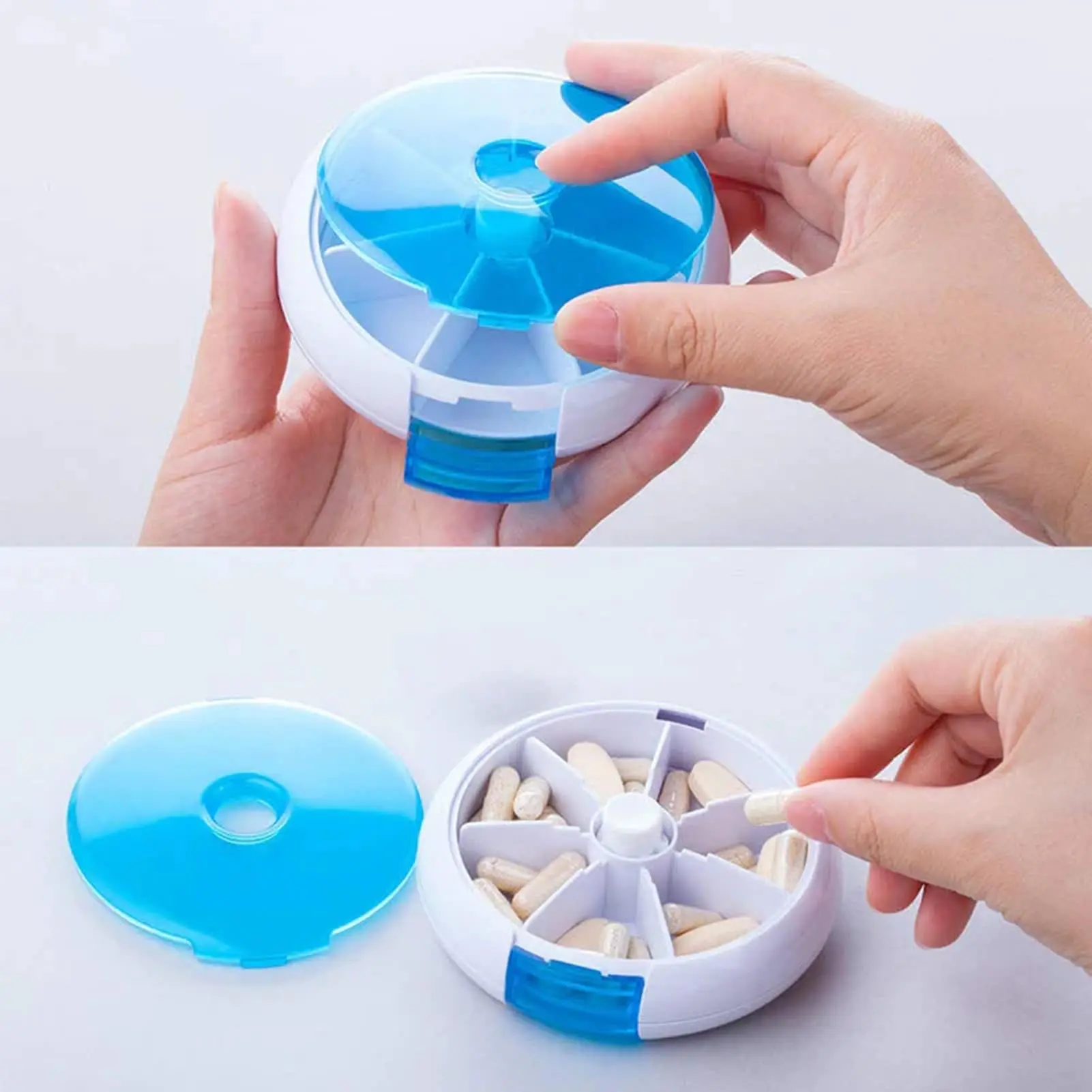Pastillero semanal giratorio con tapa azul, organizado con cápsulas en cada compartimento.