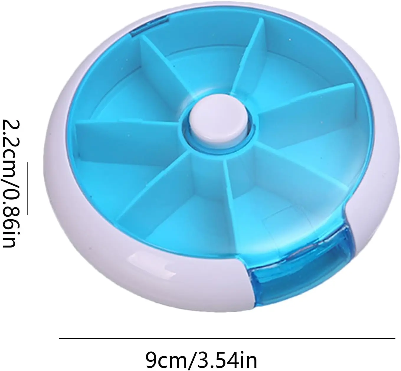 Pastillero semanal giratorio con 7 compartimentos, diseño redondo azul y blanco.