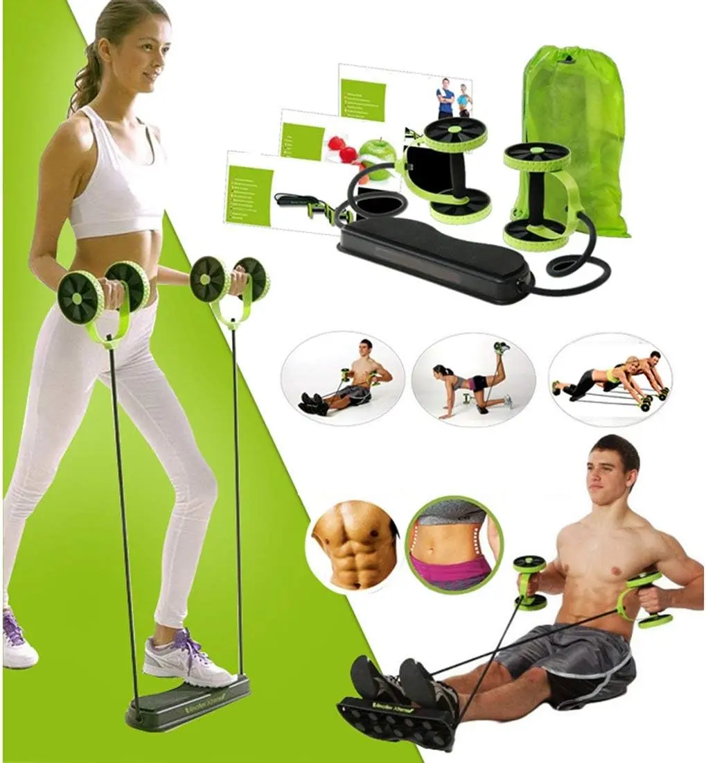 Ruedas Banda Estiramiento Tonificador: mujer ejercitándose, kit abdominales y accesorios.