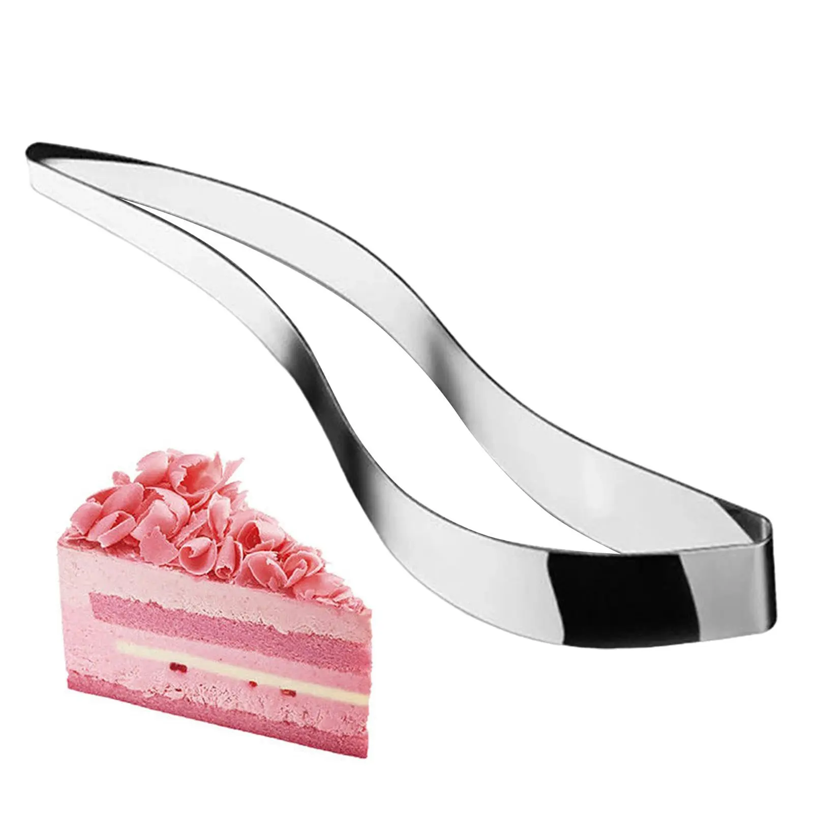 Porcionador de tortas en acero inoxidable, con un trozo de pastel rosa de postre.