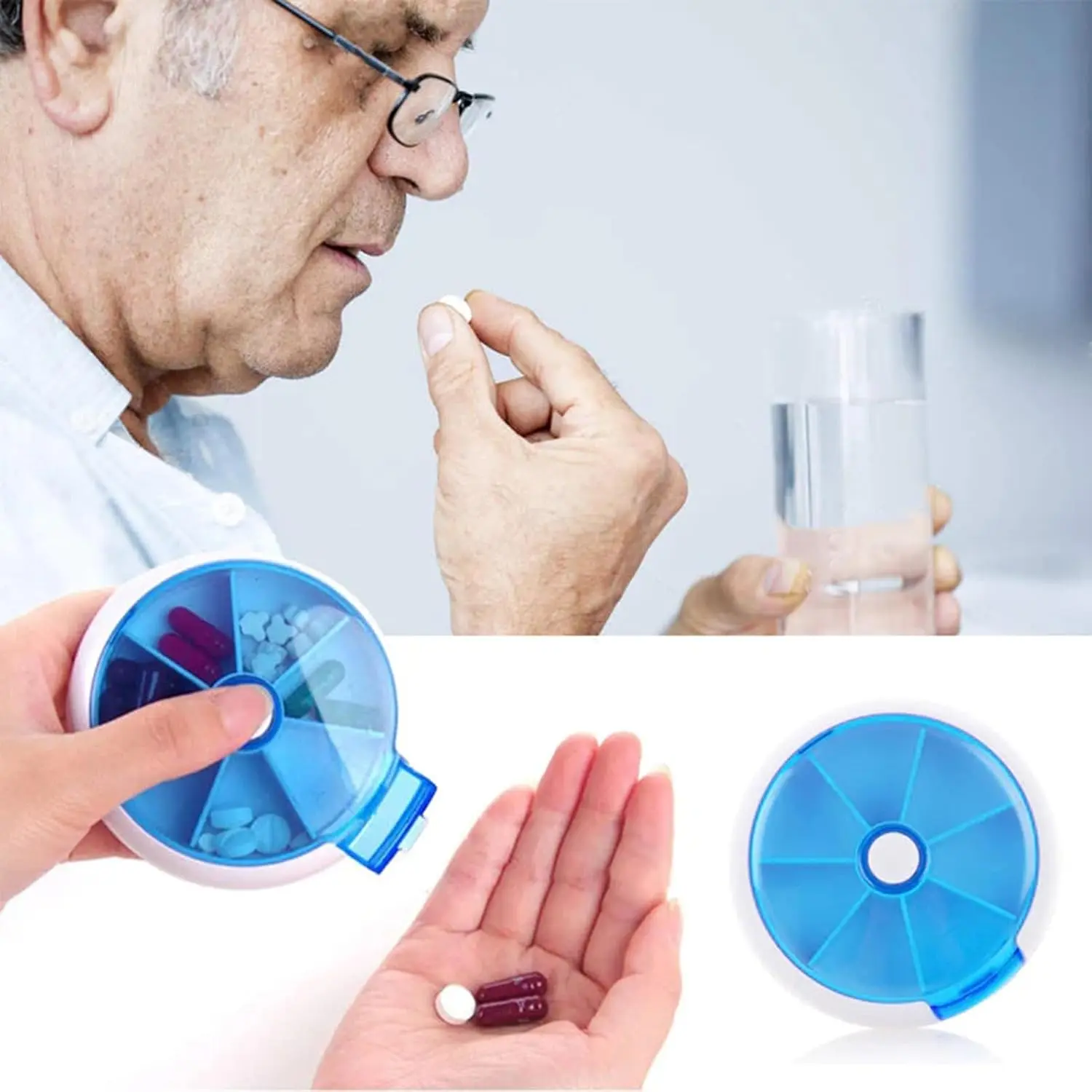 Pastillero semanal giratorio con 7 compartimentos para organizar medicamentos y píldoras.