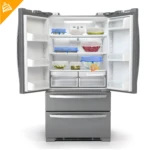 Set X6 tapas elásticas de silicona cubriendo recipientes con alimentos dentro de un refrigerador gris abierto.