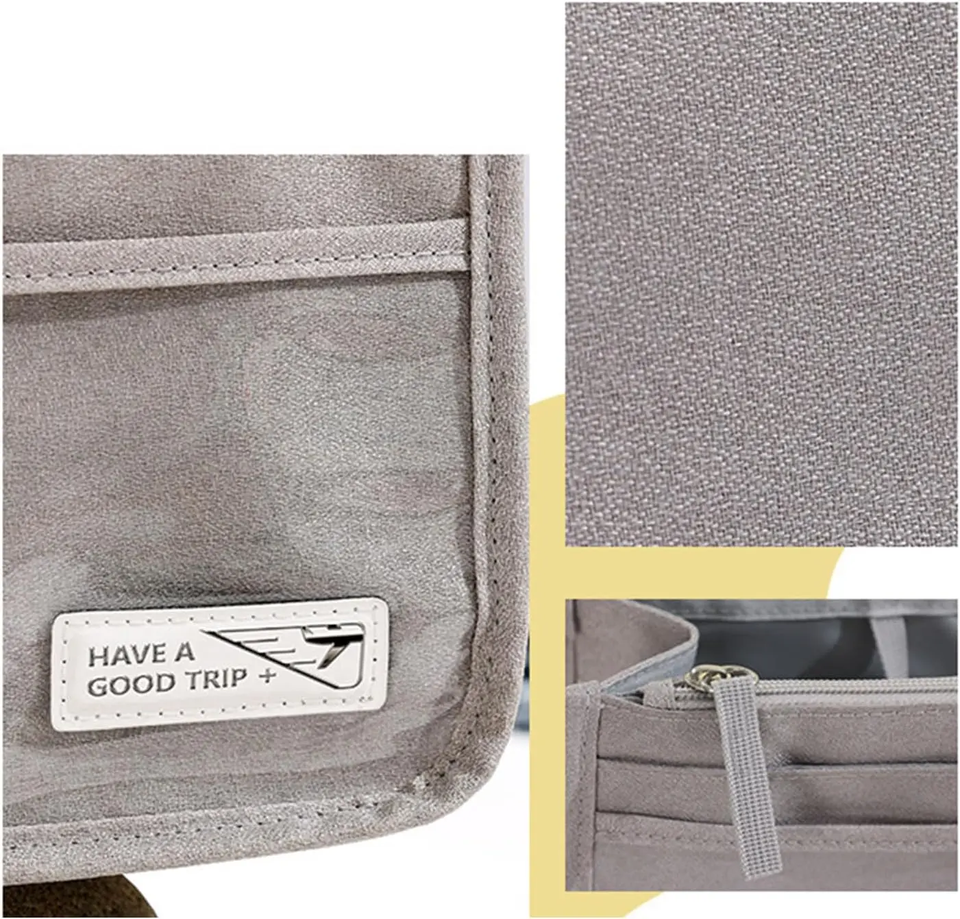 Bolso organizador Oasis gris con detalle de viaje y cremallera.