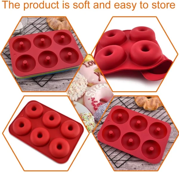 Set x3 moldes de silicona rojos para mini donas, flexibles y fáciles de usar.