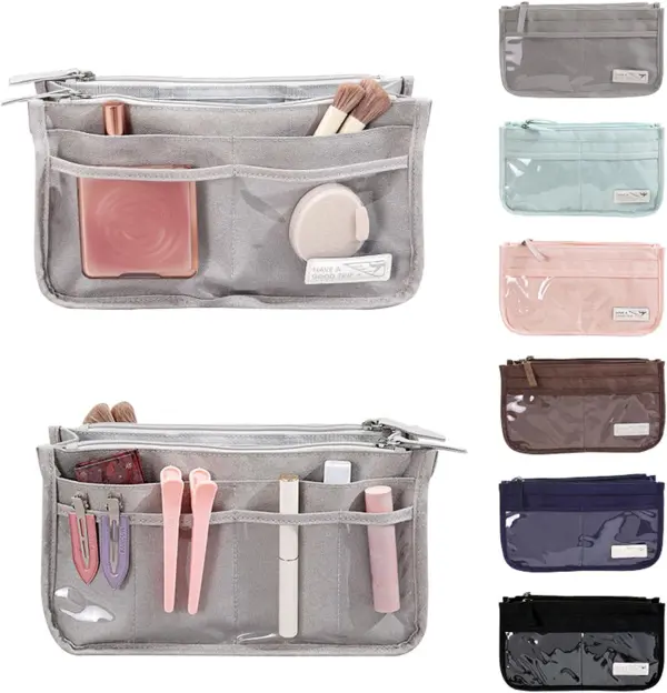 Bolso organizador Oasis gris con compartimentos, para maquillaje y accesorios, varios colores.