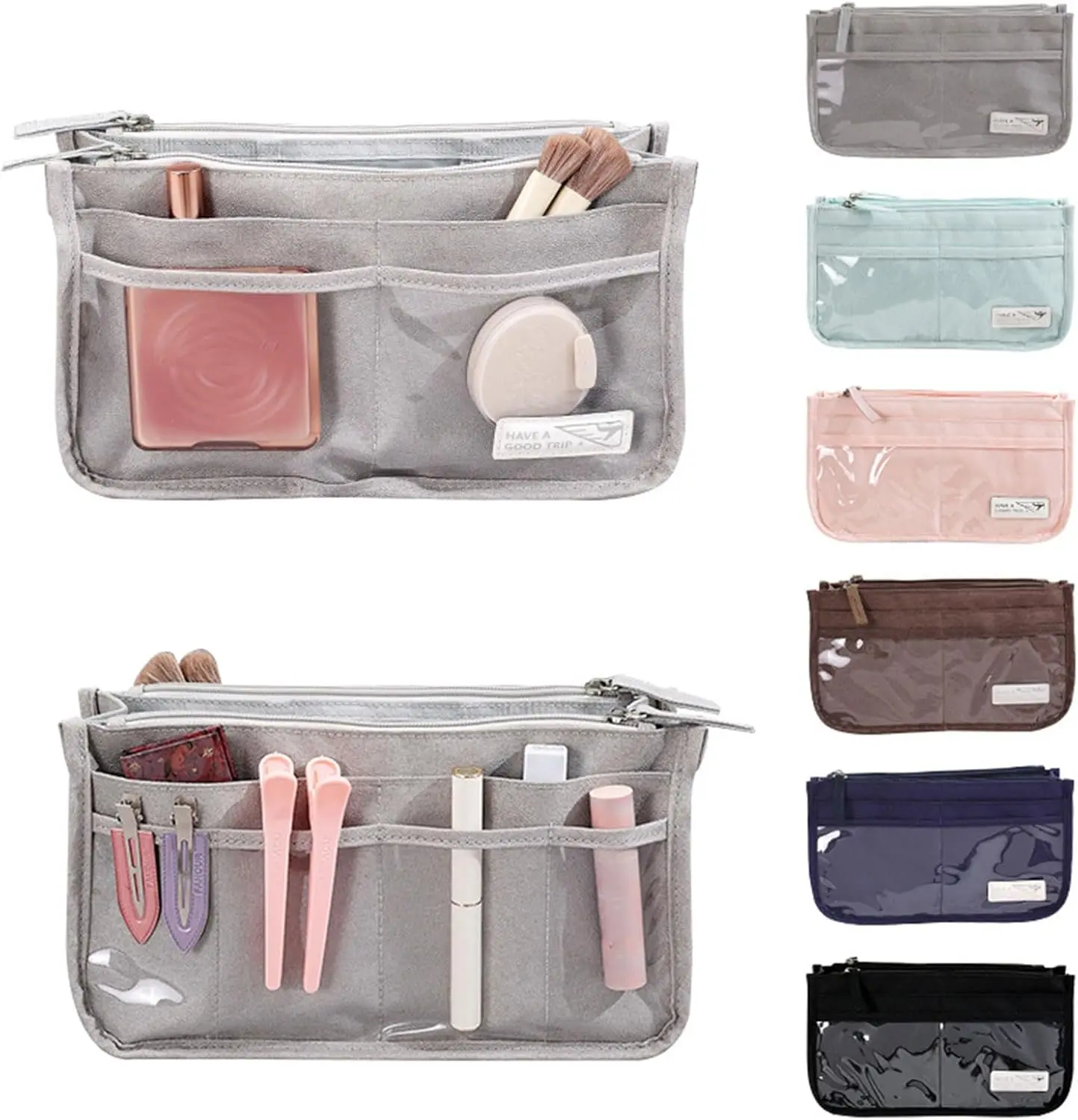 Bolso organizador Oasis gris con compartimentos, para maquillaje y accesorios, varios colores.