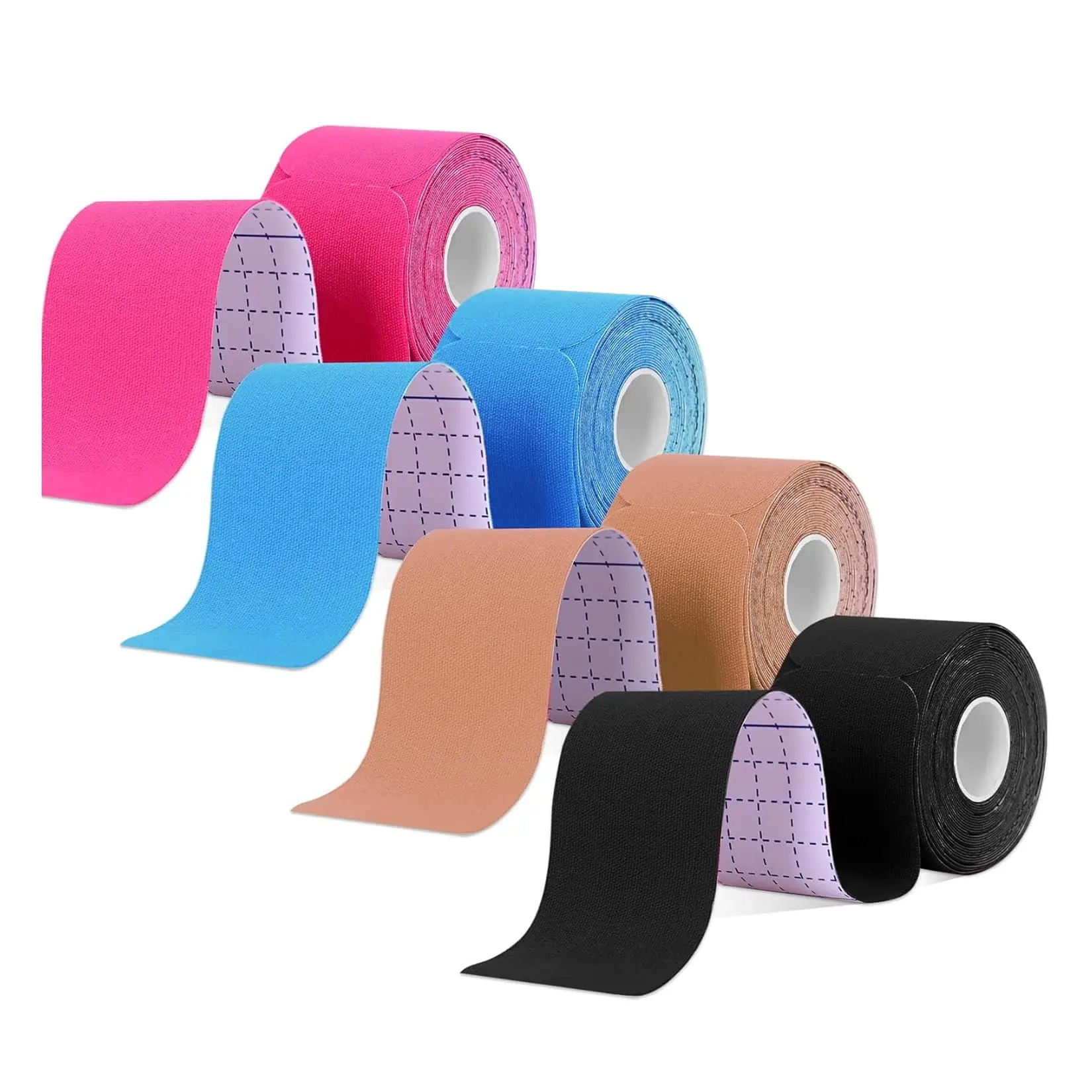 Set x2 Rollos de Cinta Kinesiologica en colores rosa, azul, beige y negro, con guías de corte.