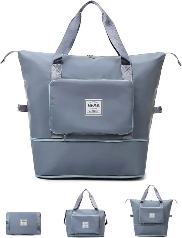 Bolso viajero plegable gris con bolsillo frontal y asas, ideal para tus escapadas.