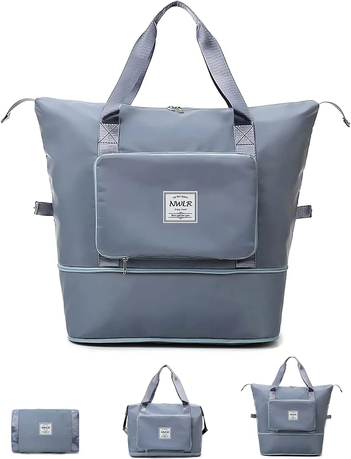 Bolso viajero plegable gris con bolsillo frontal y asas, ideal para tus escapadas.