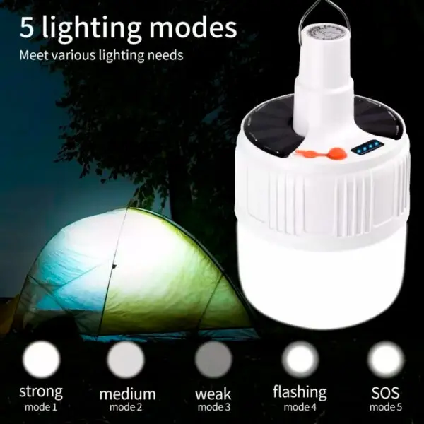 Bombillo LED solar recargable de 24 LEDs en 5 modos de iluminación, ideal para exteriores.