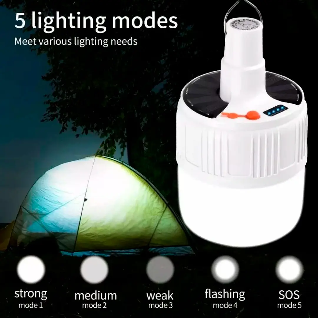Bombillo LED solar recargable de 24 LEDs en 5 modos de iluminación, ideal para exteriores.