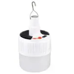 Bombillo LED solar recargable con gancho, ideal para camping y emergencias.