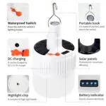 Bombillo LED solar recargable para camping, con gancho portátil, 42 luces LED y panel solar.