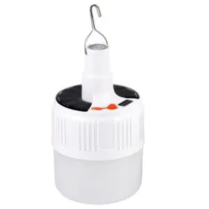 Bombillo LED solar recargable con gancho, ideal para camping y emergencias.