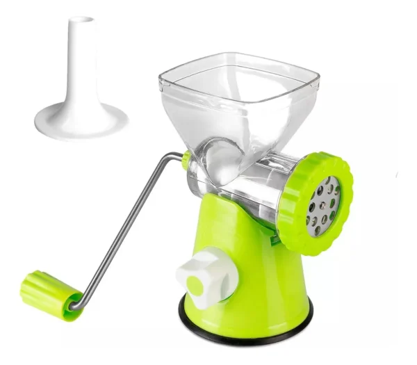 Molino para carne manual con función para embutidos, color verde y transparente, con manivela.