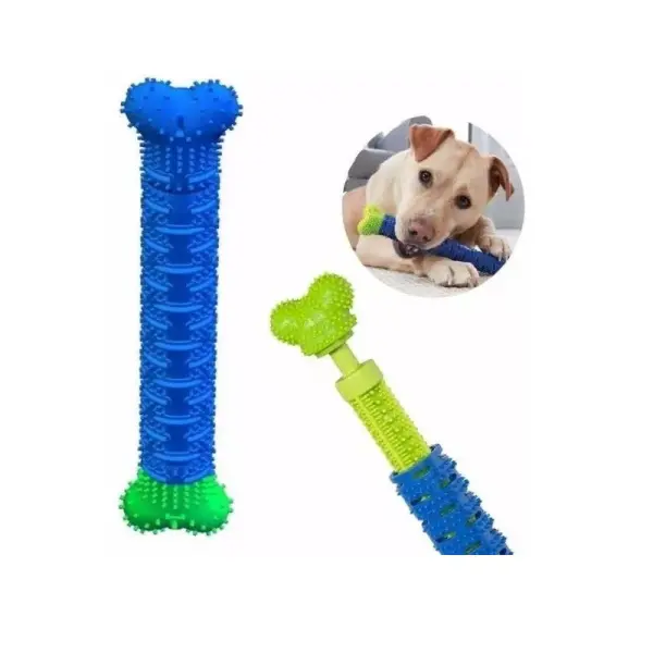 Set x2 Hueso Cepillo Para Mascotas azul y verde; perro jugando con juguete.