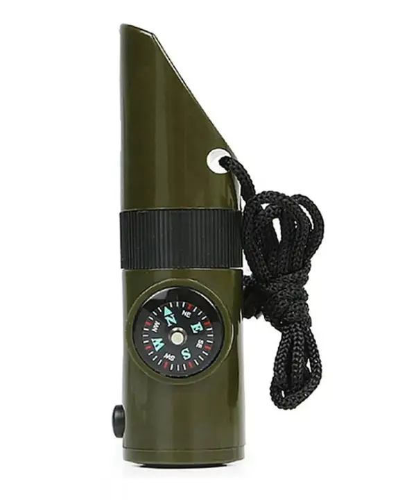 Silbato de supervivencia verde 7 en 1 con brújula y linterna, cordón negro.