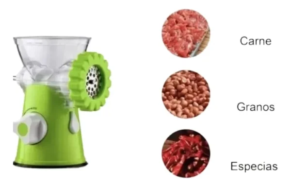 Molino para carne manual verde con accesorios para embutidos, granos y especias.