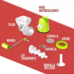 Molino manual para carne con manivela, tolva, cuchillas, eje y boquilla para embutidos.