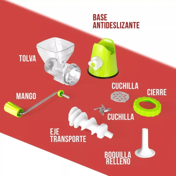Molino manual para carne con manivela, tolva, cuchillas, eje y boquilla para embutidos.