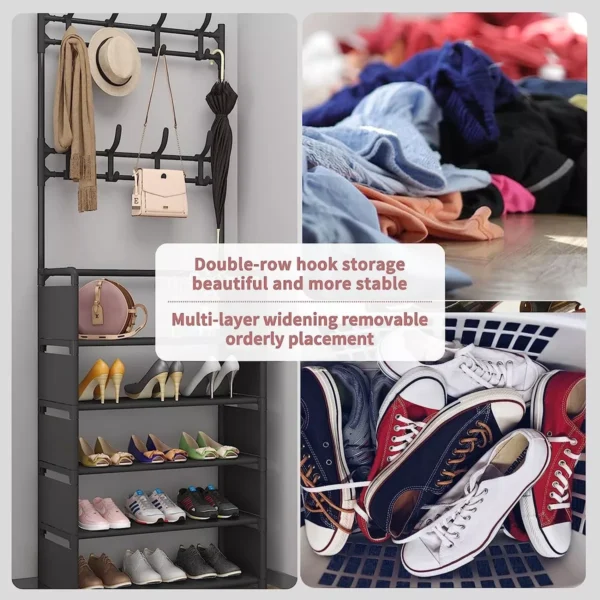 Zapatero tipo closet con múltiples niveles y percheros colgantes para organizar zapatos, bolsos y sombreros.