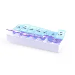 Pastillero semanal con compartimentos para día y noche, etiquetados de domingo a sábado.
