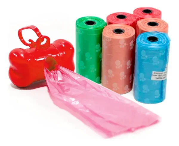 Set x4 hueso dispensador portabolsas con 5 paquetes de bolsas para mascotas en varios colores.