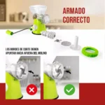 Molino de carne manual para embutidos con partes de ensamble y demostración correcta.