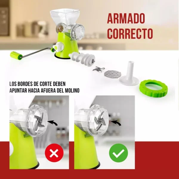 Molino de carne manual para embutidos con partes de ensamble y demostración correcta.