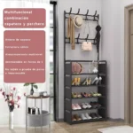 Zapatero organizador tipo closet con perchero, ahorra espacio y es impermeable.