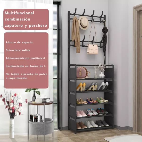 Zapatero organizador tipo closet con perchero, ahorra espacio y es impermeable.