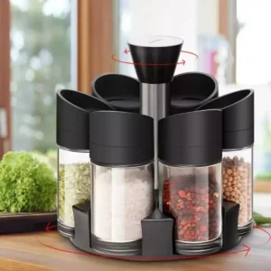 Organizador giratorio de 6 especias para cocina con frascos de vidrio y tapa negra.