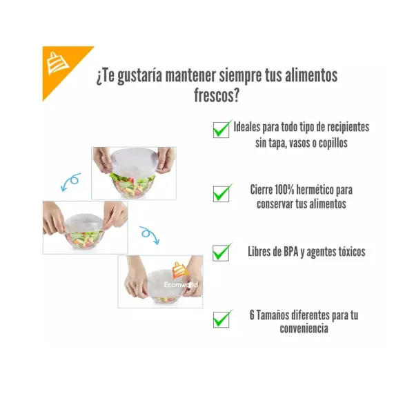 Set de 6 tapas elásticas de silicona para mantener tus alimentos frescos, herméticos y libres de tóxicos.