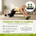 Mujer rubia sonriente usa Rueda Abdominal Revoflex Xtreme para tonificar cuerpo en casa, con 44 ejercicios y 6 niveles.