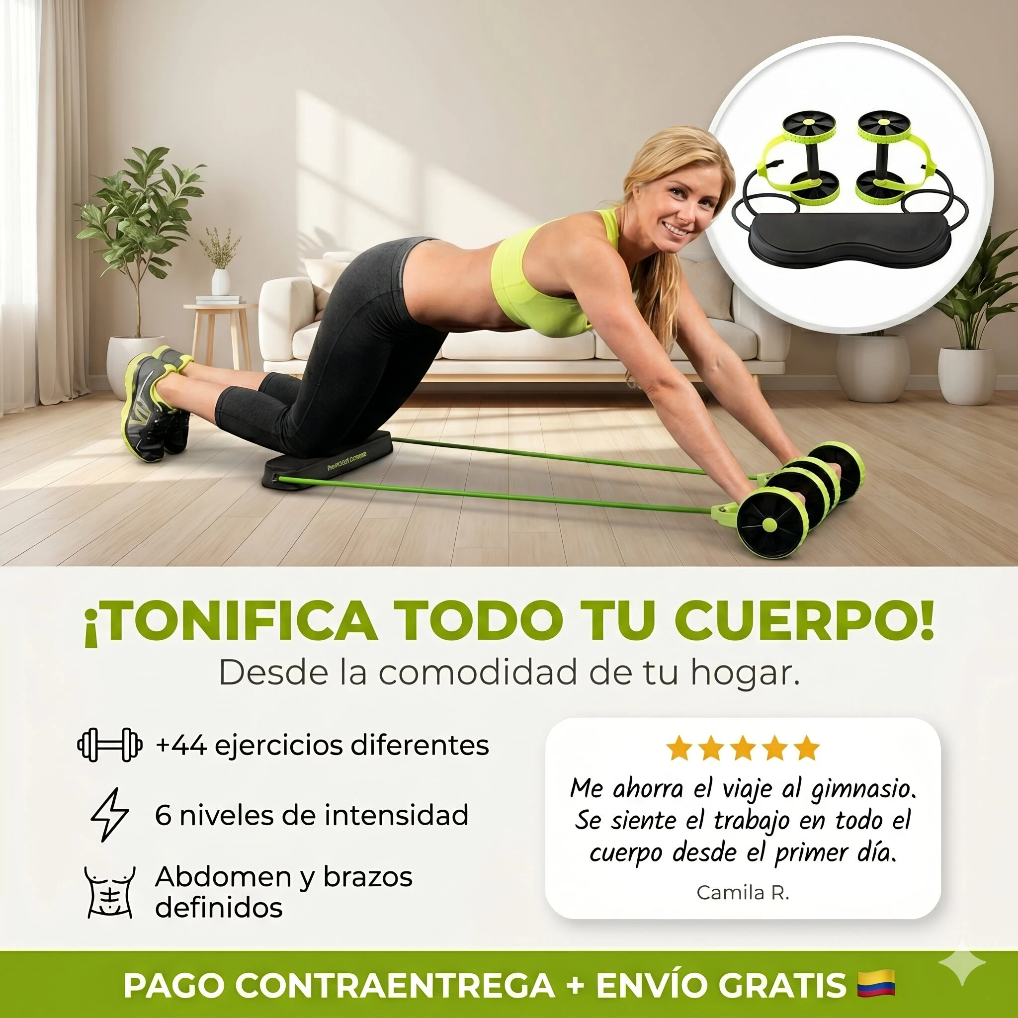 Mujer rubia sonriente usa Rueda Abdominal Revoflex Xtreme para tonificar cuerpo en casa, con 44 ejercicios y 6 niveles.