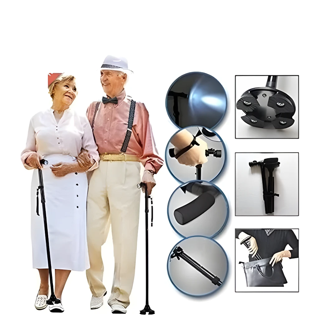 Baston plegable Trusty Cane con linterna LED y base multidireccional para personas mayores.