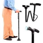 Bastón plegable Trusty Cane con linterna LED, ideal para adultos mayores, ofrece apoyo y seguridad.