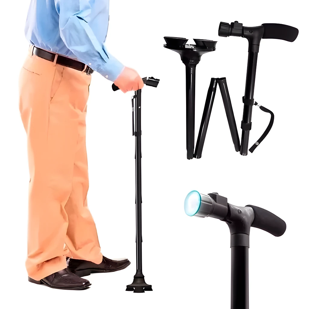 Bastón plegable Trusty Cane con linterna LED, ideal para adultos mayores, ofrece apoyo y seguridad.