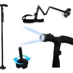 Bastón plegable Trusty Cane con linterna LED, mango ergonómico y base giratoria para mayor estabilidad.