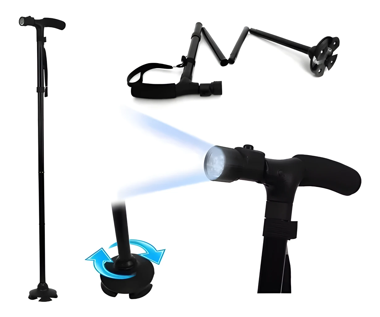 Bastón plegable Trusty Cane con linterna LED, mango ergonómico y base giratoria para mayor estabilidad.