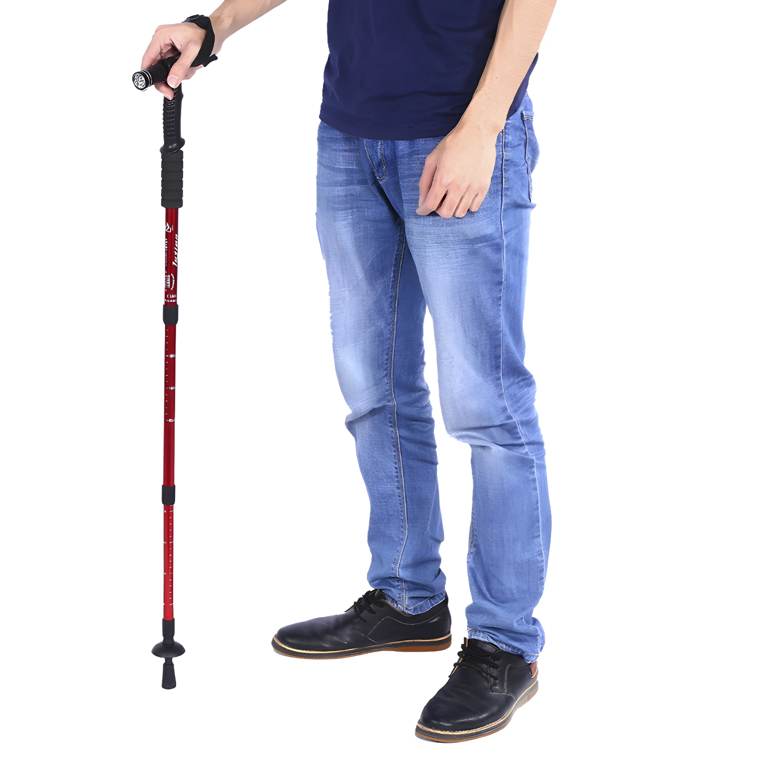 Bastón de trekking senderismo ajustable con linterna LED, color rojo, para hombre.