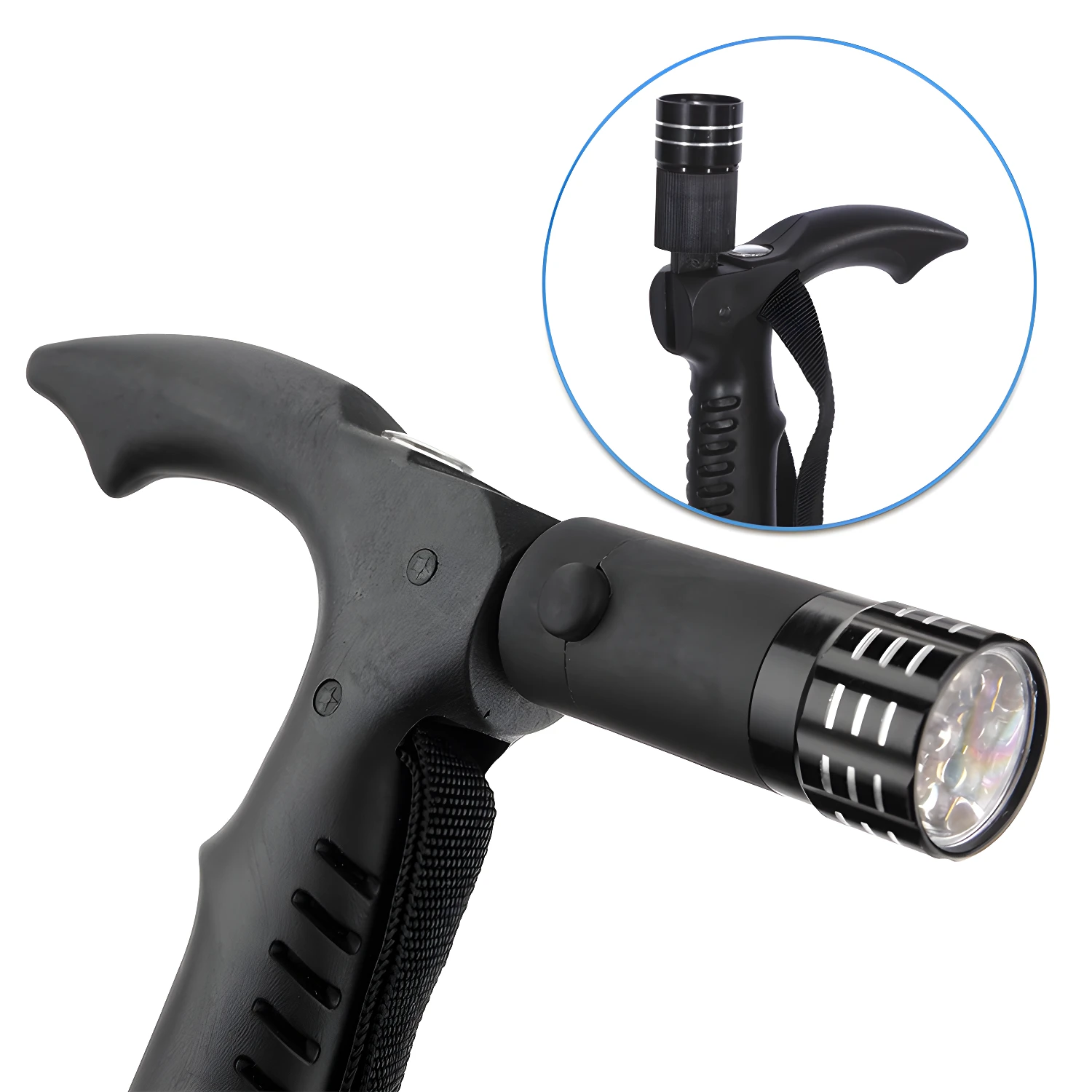 Bastón de trekking ajustable con linterna LED integrado en el mango para senderismo.