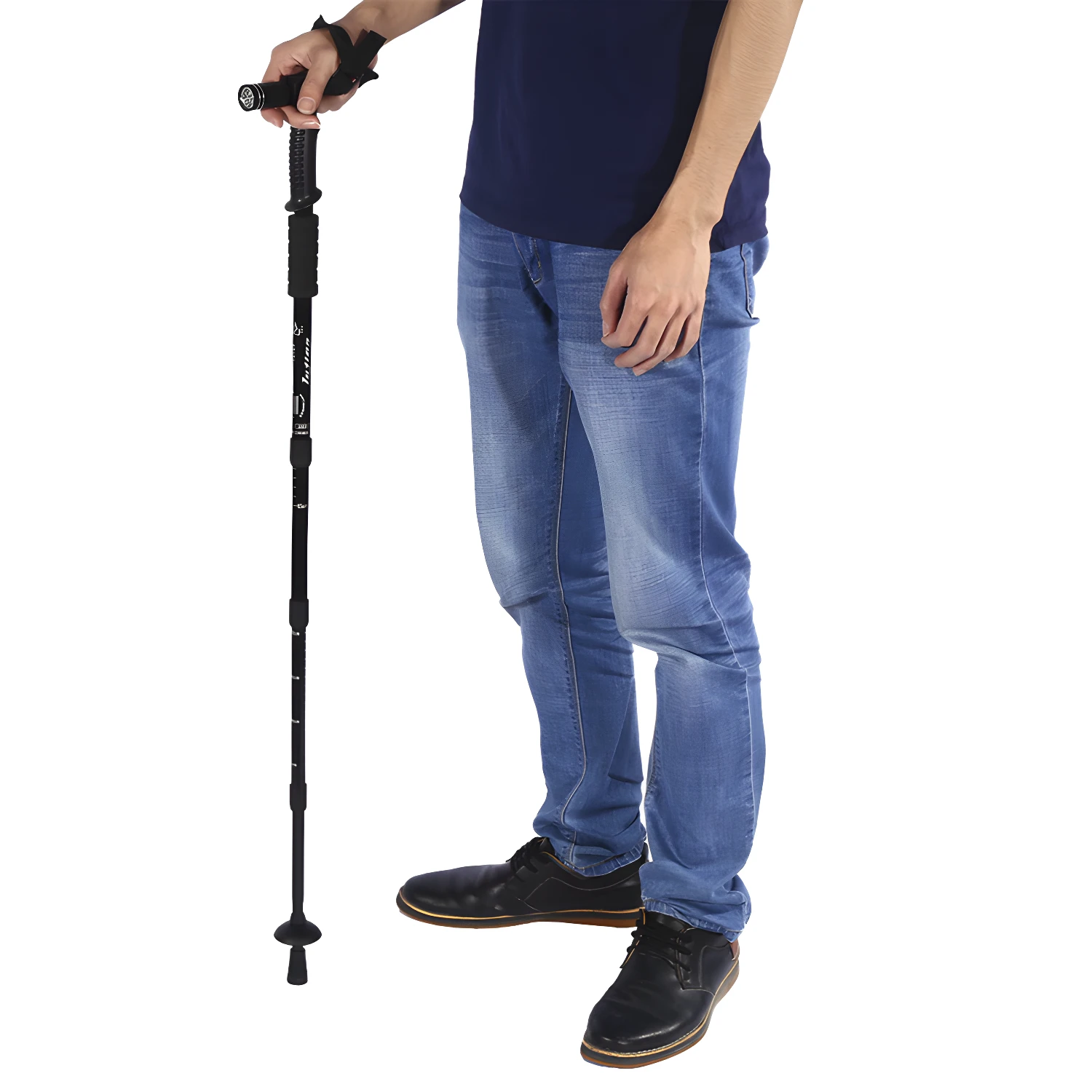 Bastón de trekking ajustable con linterna LED, ideal para senderismo y caminatas.