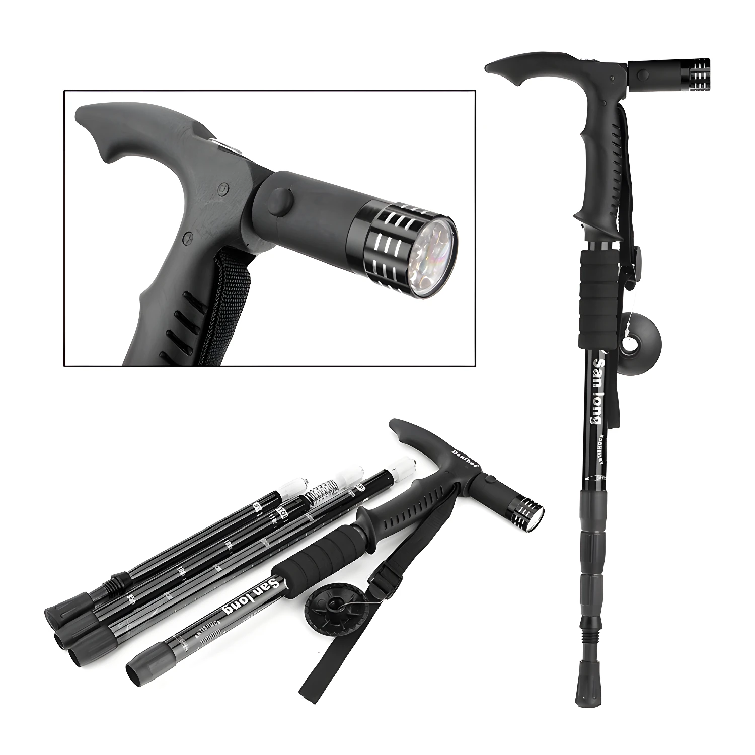 Bastón de trekking con linterna LED, ajustable, ideal para senderismo y actividades al aire libre.