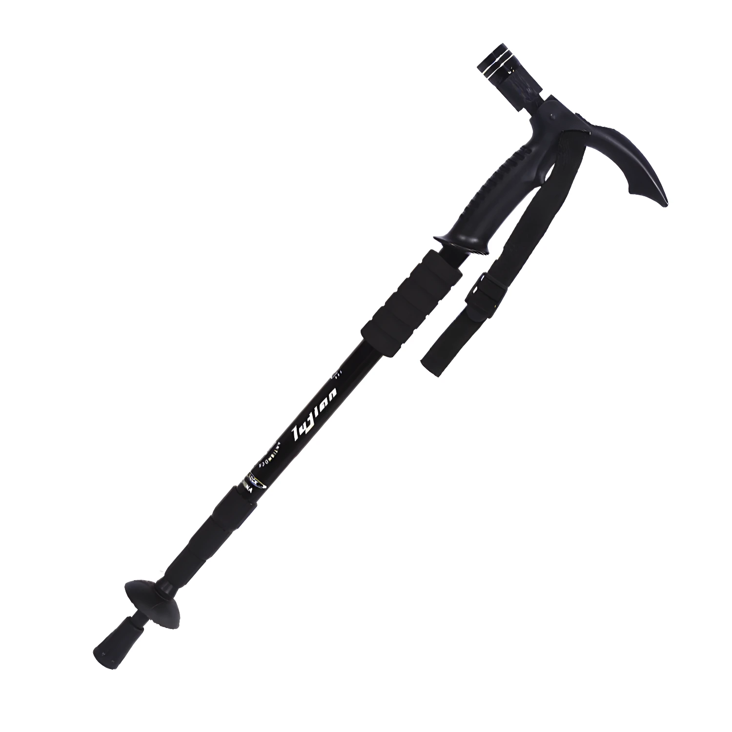 Bastón de senderismo negro ajustable con linterna LED y correa para trekking.