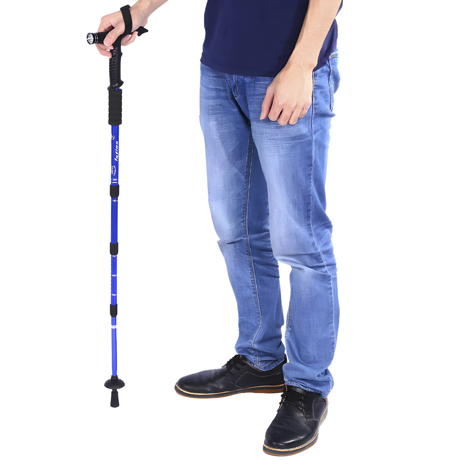 Bastón de trekking ajustable con linterna LED para senderismo, útil para hombres.