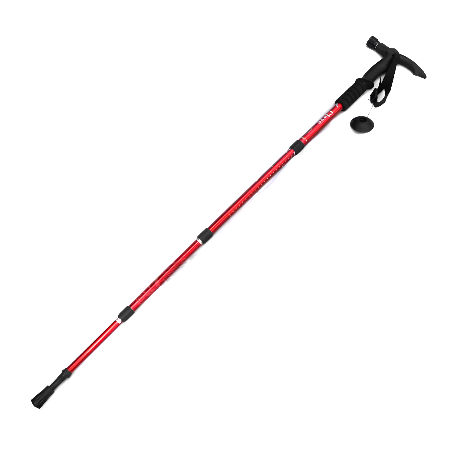 Bastón de trekking rojo ajustable con linterna LED y accesorio.