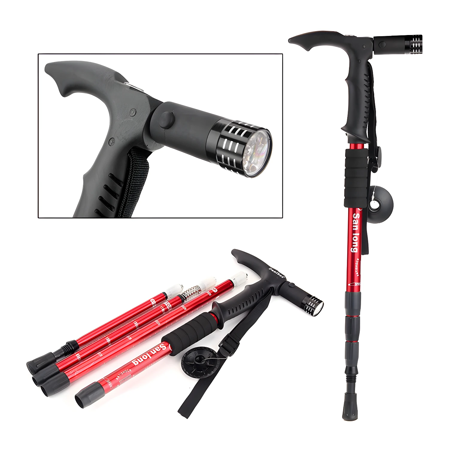 Bastón de trekking ajustable con linterna LED integrado, ideal para senderismo y caminatas.